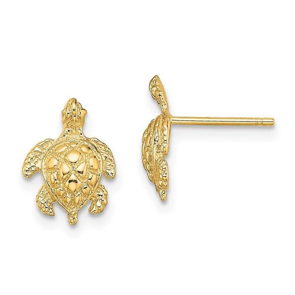 10K Yellow Gold 2-D Textured Sea Turtle Post Earrings